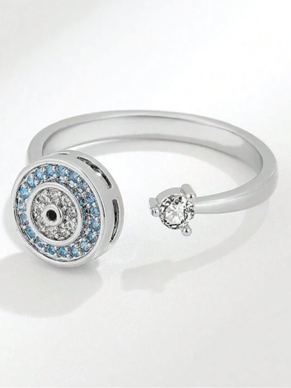 Delicate Silver Open Ring with Blue Crystal Halo
